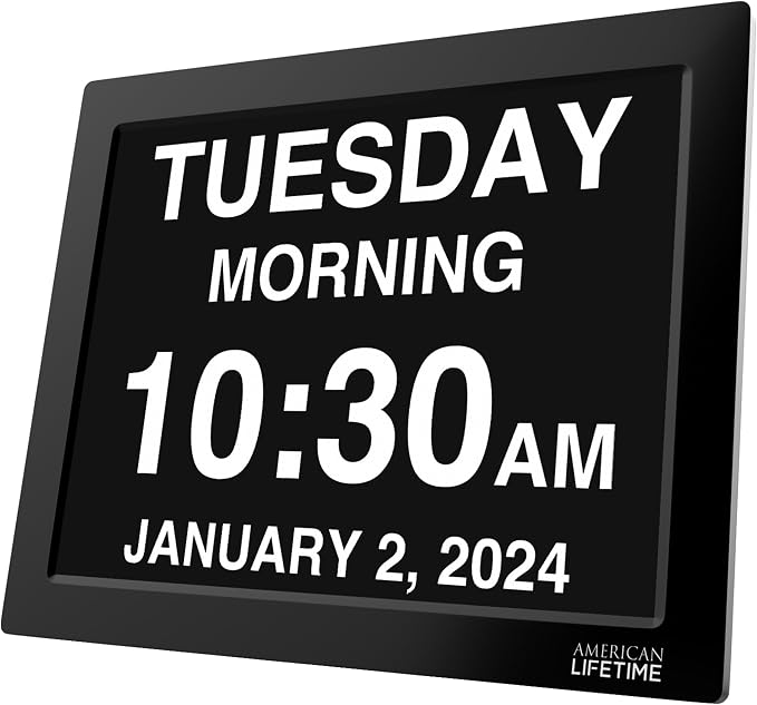 American Lifetime Dementia Clock - Large Digital Clock for Seniors, Custom Alarms, Day & Date Display, Black, 15 Inches