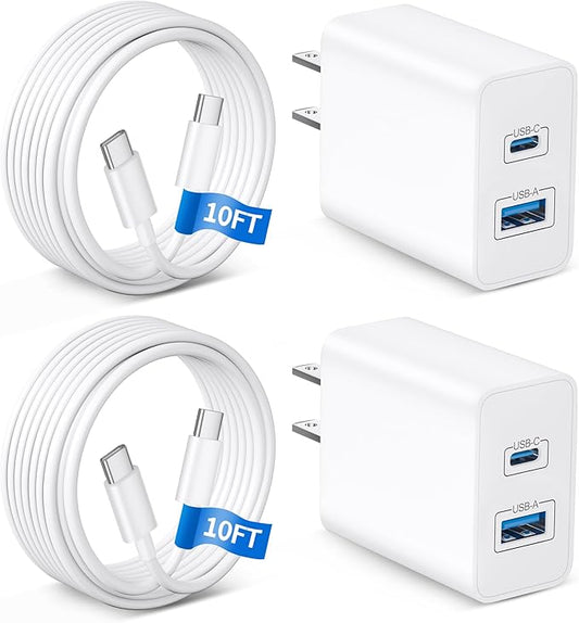 WODENTA iPhone 17 Charger, 2-Pack 45W Fast Charging Dual Port Type C Power Adapter, USB C Charger Block for iPhone 17/17 Pro/17 Pro Max/Air/17e/16/15 Pro Max/Plus, iPad with Long 10FT USB-C Cable Cord