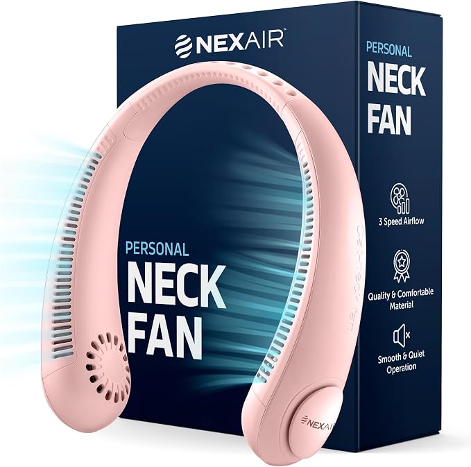 NEXAIR Portable Neck Fan Hands Free Cooling Lightweight Bladeless Neck Fan, 3 Speeds, 2400mAh Battery, 5H Runtime Pink