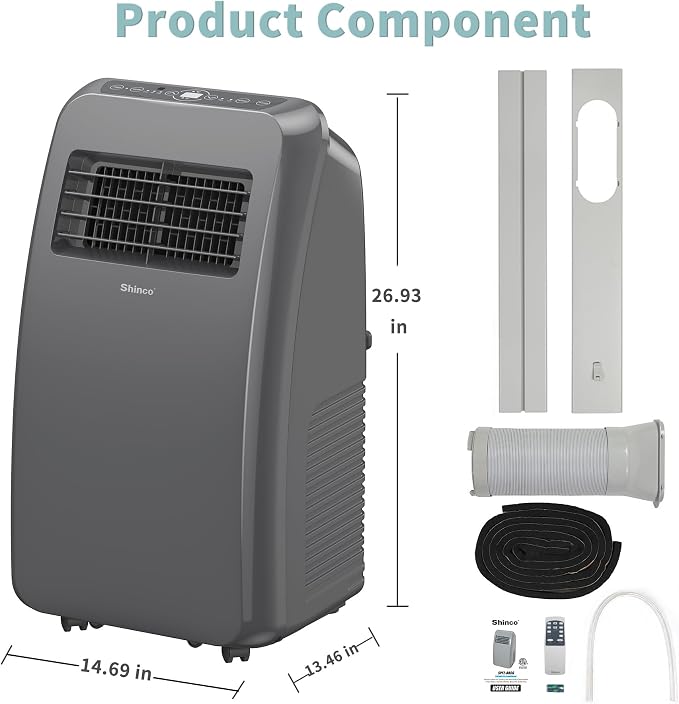 Shinco 8,000 BTU Grey Portable Air Conditioner - 3-in-1 Cool/Dehumidifier/Fan for Rooms Up to 350 sq.ft, Remote Control & 24H Timer, Compact AC Unit for Bedroom/Office