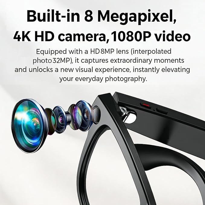 REEDTOCK Smart AI Glasses with Camera, HD 1080P Video Recording, 8MP Bluetooth Camera Glasses, Noise Cancellation, Voice Assistant, Translation, TR90 Frame -for Outdoor, Travel, Vlogging