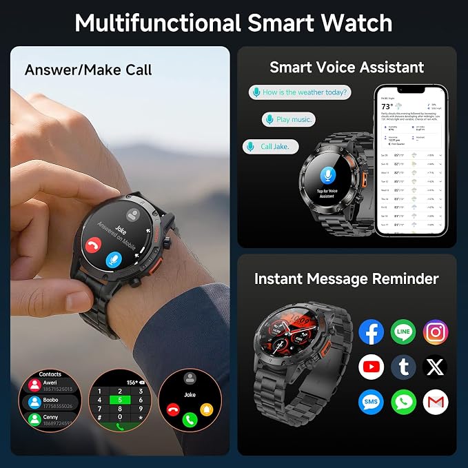 Smart Watches for Men,Military Rugged Men Smartwatch, Stainless Steel Body, IP68 Waterproof, 30-Day Long Standby, Answer/Make Call, 1.43" HD Screen, Compatible for Android iOS(2 Bands)