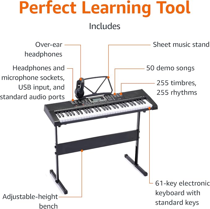 Amazon Basics Portable Electric Keyboard Piano with 61 Full Size Keys, Built-in Speakers, Songs for Learning, Digital Piano, Black