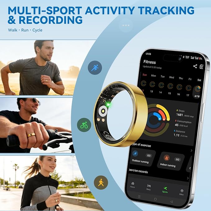 Smart Fitness Ring for Men and Women – Lightweight & Barely‑There Feel, Track Heart Rate, Stress, Sleep, Steps & SpO2, Ultra‑Slim 6mm,10ATM Waterproof, No Subscription Fee, Gold 8