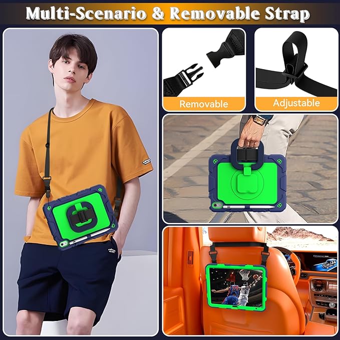 Grifobes for iPad A16 11th/10th Generation Case 2025/2022, for 11 Inch/10.9 Inch iPad Case Cover with Screen Protector, 360°Rotate Stand, Hand & Shoulder Strap, Pencil Holder, Blue Green