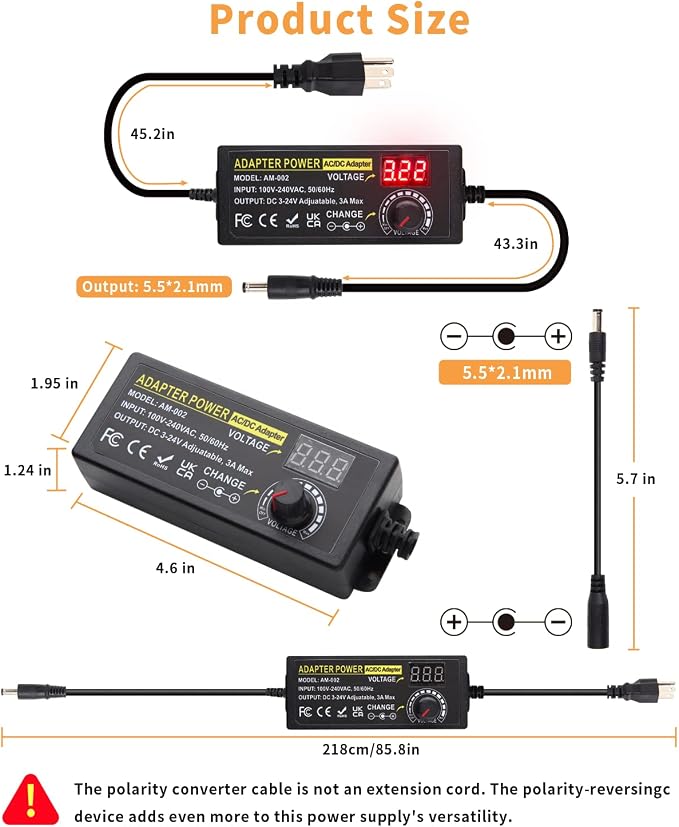 3V ~ 24V 3A 72W Power Supply Adjustable 3V 5V 6V 9V 12V 15V 16V 18V 19V 20V 24V Universal VariableAC/DC Adapter 100V-240V AC to DC Converter with 14 Tips for LED Strip Light Speaker Router