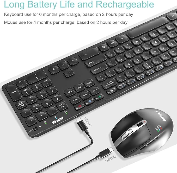 Arteck Universal Multi-Device Bluetooth Keyboard and Mouse Full Size Wireless Bluetooth Keyboard and Ergonomic Mouse Set for Windows, iOS, Android, Computer Desktop PC Laptop iPad Tablet Smartphone