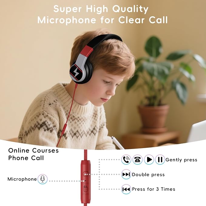 Candy Bila Kids Headphones, Wired Headphones for Kids Over Ear with Microphone, 85/94dB Volume Headphone for Girls Boys, Foldable Headphone for Learning & Entertainment, Black and Red