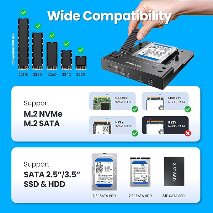 GRAUGEAR NVMe M.2 & SATA SSD/HDD Hard Drive Docking Station, USB-C 10Gbps NVMe Reader, SATA to M.2 NVMe Cloner, 2.5/3.5 Hard Drive Enclosure Clone Station, Dual Bay Offline Clone