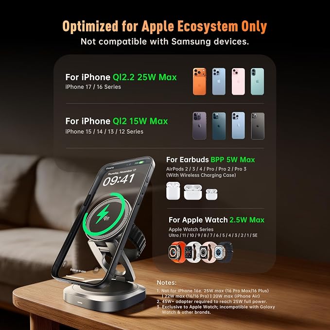 3-in-1 Foldable Qi2.2 25W Magnetic Wireless Charger Stand for iPhone Grey | 360° Rotatable Charging Station for Airpods & Apple Phone Watch Earbuds for Travel Desk Home (No Adapter)
