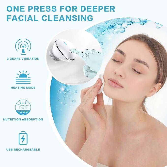 Face Scrubber, Exfoliate Face Brush, 2 in 1 Electric Vibration & Heated Face Scrubber for Cleansing & Massage, Suitable for Sensitive & Acne-Prone Skin, 5 Speed for Deep Facial Cleansing
