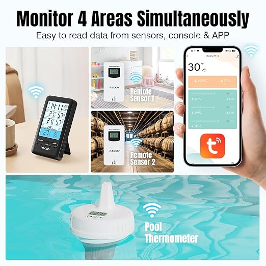 Raddy PT-3 Wi-Fi Pool Thermometer Floating Easy Read with 2 Additional Remote Sensors, APP Remote Monitor, Large Digital Display, Rechargeable, Wireless Hygrometer Thermometer for Indoor Outdoor