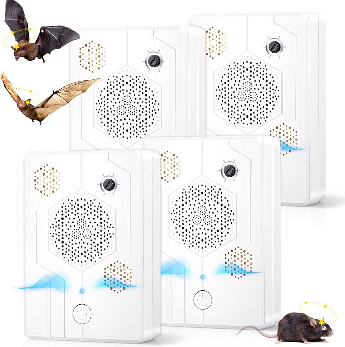 4 Pcs Ultrasonic Bat Repellent for Attic, Rechargeable Bat Deterrent Devices Outdoor Indoor, Electronic Bird Repellent Bats Keep Away Reject Repelling System Removal Device for House Porch Farm