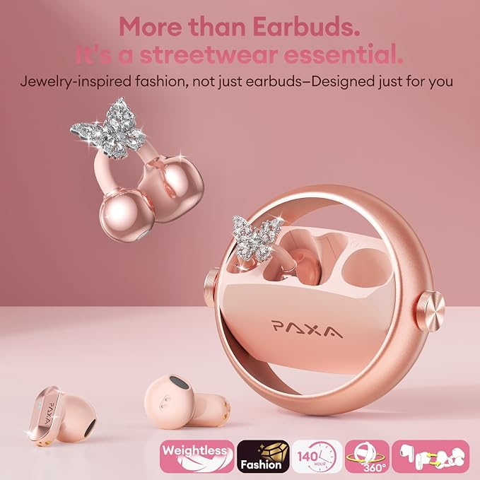 PAXA 3 in 1 Ctbuds Stylish Jewelry-Style Clip on Open Ear Headphones Wireless Earbuds, Instant Earring Mode, Ultra-Long 140H Play, Bluetooth 6.0, All-Day Wear for Work Fitness Daily Use, Rose Gold