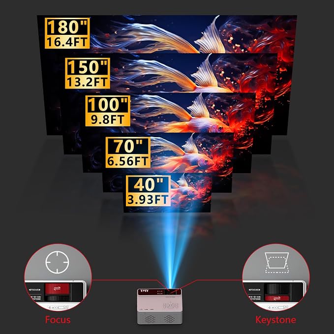 TMY 1080P Full HD Portable Mini Projector, Bluetooth Movie Projector, Compatible with TV Stick/Smartphone/PC/Game Console/HDMI/USB, Indoor & Outdoor Use, Built in Netflix app