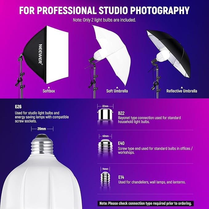 NEEWER Photography RGB LED Light Bulb 2 Pack, App Control 26W FCC/IC/UL Certified LED Bulb with 9 Effects, 400lux/m 2700K-6500K CRI93+ TLCI98+, E26 Base for Studio Softbox Lighting Kit, T100C
