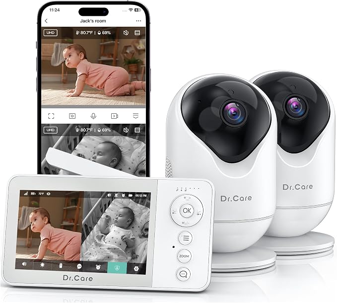 Dr.Care VistaView Lite RB Smart WiFi Baby Monitor with 2 Cameras - 4” 720P Split Screen & 1080P Camera App Control, Motion Alerts, 2500mAh Removable Battery, Night Vision, 2-Way Talk, Multi-User