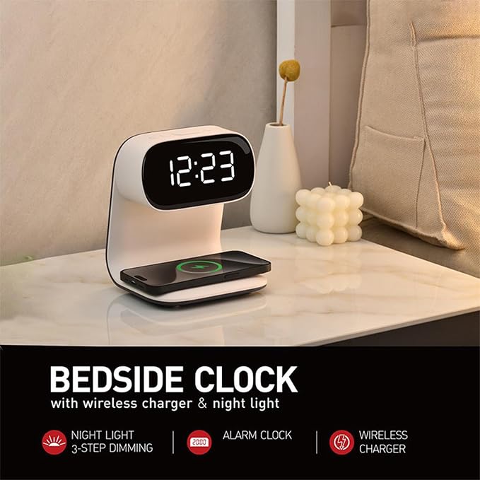 Wireless Charger Alarm Clock, Featuring Wireless Charging, Clock, Alarm, 3-Level Lighting, 15W Fast Wireless Charging, and Compatibility with All Qi-Enabled Devices, A40 White.