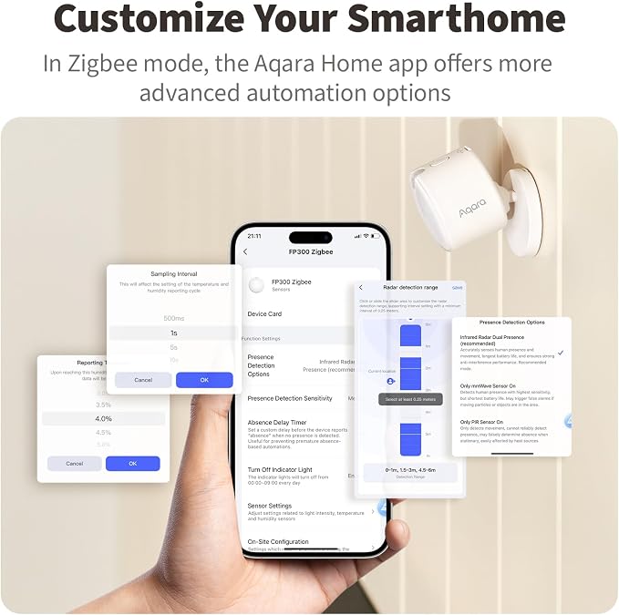 Aqara Presence Sensor FP300 Wireless 5-in-1 Motion Sensor with mmWave, PIR, Light, Temperature & Humidity Detection, Thread & Zigbee, Supports HomeKit, Home Assistant, Alexa, Google Home