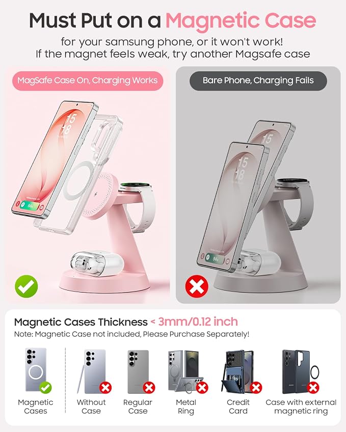 Meifigno Magnetic Wireless Charger for Samsung, 3 in 1 Charging Station Compatible with MagSafe Samsung Charger for Galaxy S26 Ultra S25 Z Fold7/Flip7, Charger Stand for Galaxy Watch Ultra 8 7, Pink