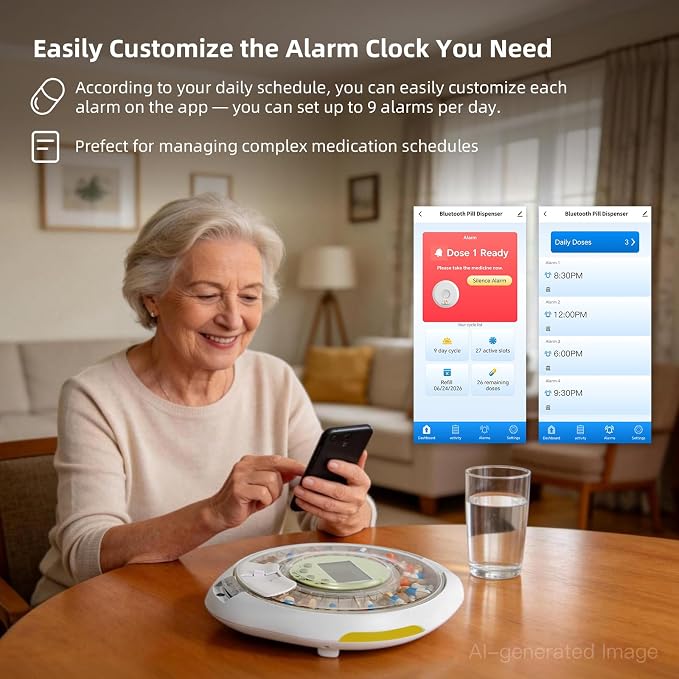 Bluetooth Automatic Pill Dispenser with App/Sound/Light Reminder for Elderly & Caregivers - Up to 9 Alarms/Day, Medication Track History, Front Security Lock & Ergonomic Flip Lid