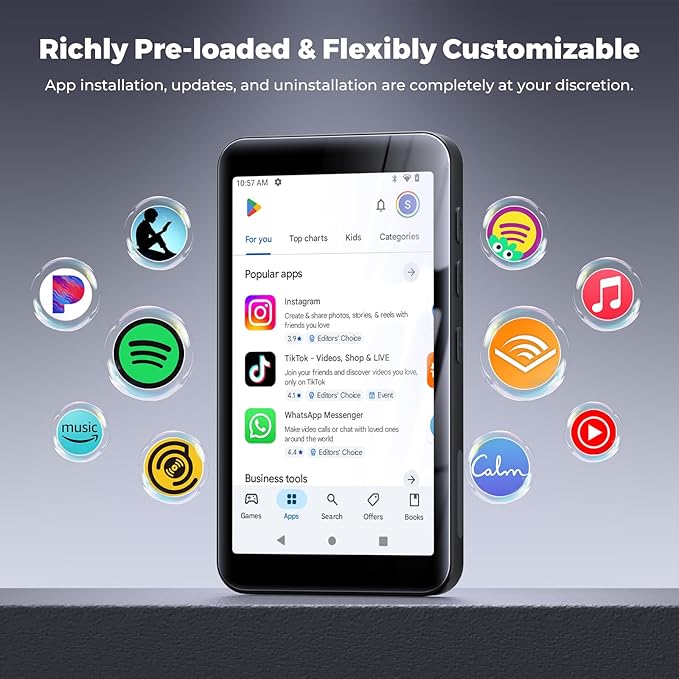 160GB innioasis G5 MP3 Player with Bluetooth and WiFi, MP3 Player with Spotify, Spotify Kids, Pandora, Play Store, Parental Manager App, Calm, 4" HD Full Touch Screen MP4 Music Player for Kids (Black)