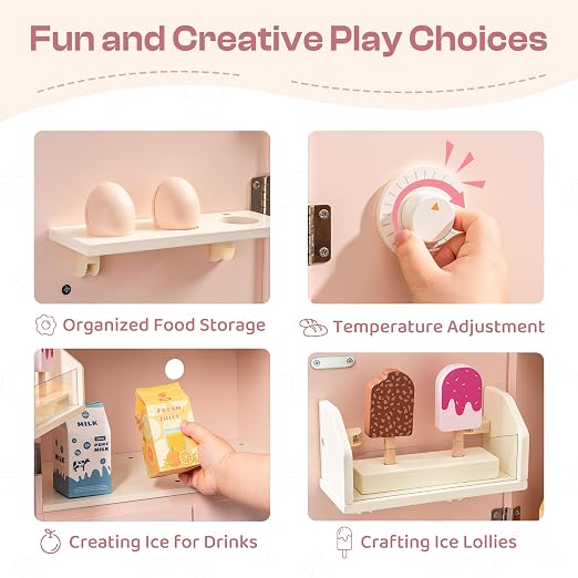 ROBUD Wooden Play Fridge, Kitchen Toy Fridge Freezer Set with Ice Maker, Play Kitchen Refrigerator, Kitchen Playset Gift for Kids & Toddlers, Age 3+ (Pink)