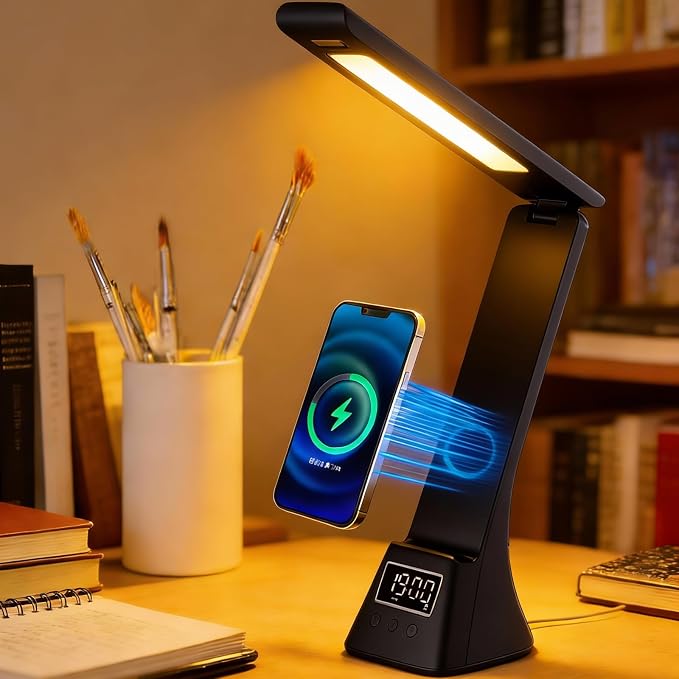 All-in-One Wireless Charging Desk Lamp with Digital Clock & Alarm, 15W Fast Phone Charger, 3 Color Lighting Modes, 180° Foldable, Touch Control for Bedroom, Office,HYV-2088 Black.