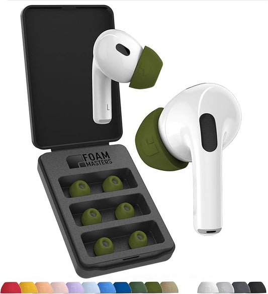 Foam Masters Ultra-Premium Memory Foam Ear Tips for AirPods Pro 1st & 2nd Gen | 3 Pairs | New Ver. | Secure Fit | Super Comfort | Better Noise Cancel | Replacement Buds (Assorted S/M/L, OD Green)
