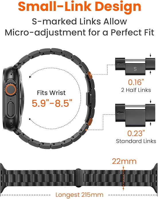 Grade 5 Titanium Band for Apple Watch Ultra 3/2/1 49mm & Series 11/10 46mm, No-Tool Adjustable with Small Links, DLC Anti-Scratch Butterfly Clasp Metal Strap for Men,CRNS03-PRO