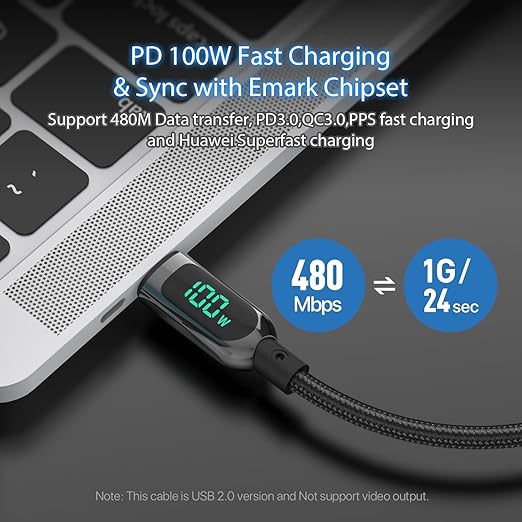 SOOPII 100W 6.6ft USB C to USB C Cable Fast Charge, Nylon Braided Cable with LED Display for lPhone 15/15 Pro/15 Plus/15 Pro Max,lPad Air,MacBook Pro,Galaxy S24/S23, Pixel, LG (Black)