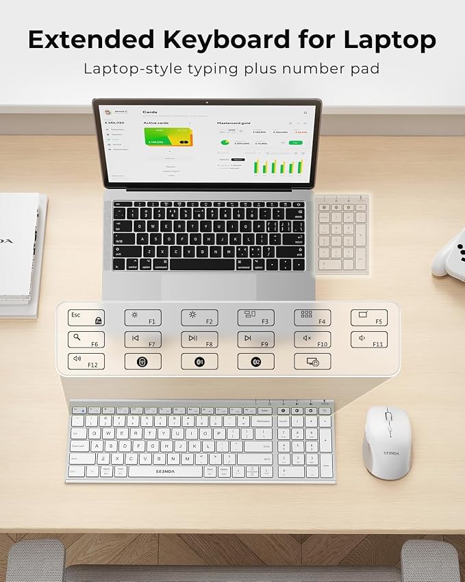 seenda Wireless Bluetooth Keyboard Mouse Combo, COE401 Rechargeable Silent Keyboard Mouse Compact Slim, 3 Multi-Device Connection, Compatible for Windows/Mac PC Laptop MacBook iPad, White Silver