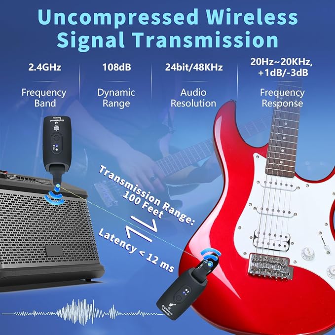 2.4GHz Wireless Guitar System Rechargeable Audio Wireless Transmitter Receiver for Guitar Bass Electric Instruments,Over 30m/100 Feet Transmission,270°Rotatable,4hours Woring Time（A9 Black）