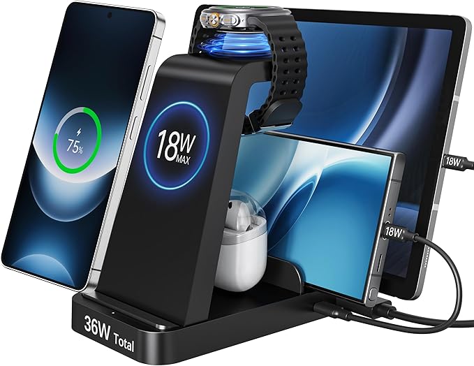 Wireless Charger for Samsung, 5 in 1 Android Charging Station for Galaxy S26 Ultra/S25/S24/S23/S22/S21, Galaxy Watch Ultra/8/7/6/5, Galaxy Buds 2/2 Pro, Multi Device Charger Stand, Black
