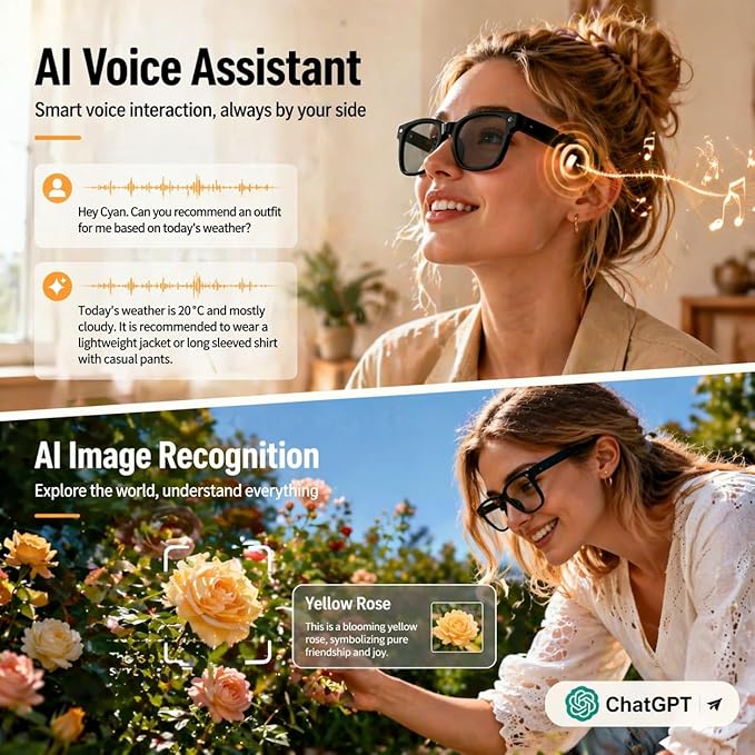 Smart Glasses with Open-Ear Audio & ENC Noise Reduction, 2026 AI Glasses with 8MP Camera, 139 Languages Real-Time Translator, ChatGPT Voice Assistant, UV & Blue Light Blocking for Men Women Daily