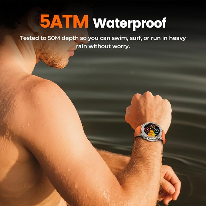 WALKERFIT Running Smart Watch for Men, 1.43" AMOLED Orange Silicone Band, 5ATM Waterproof for Running Marathon Triathlon Swim, 170+ Sport Modes,Heart Rate Pace Tracker,Fitness Watch for iPhone Android