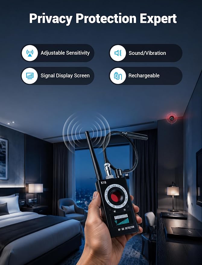 Hidden Camera Detectors, 3-in-1 GPS Tracker Detector, Bug Detector, Ultra-Long Battery Life, RF Detector for Airbnb, Hotels, Bathroom, Home, Office