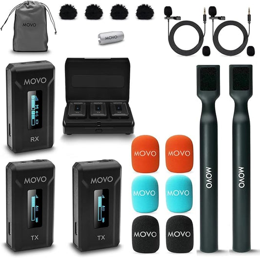 Movo WMX-2-DUO Dual Microphone Compact Wireless System with Handheld Extension Mounts - Mini Wireless Lavalier Microphones for Cameras with Mic Handles for Reporting, Interviews and More