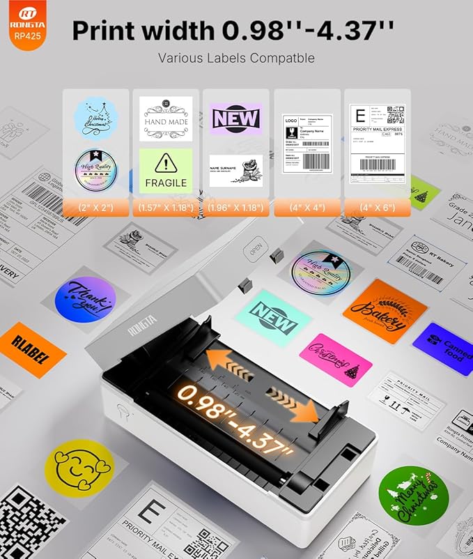 Rongta Shipping Thermal Label Printer, Bluetooth 4x6 Sticker Label Maker Wireless Shipping Label Printer for Package Small Business Compatible with Windows macOS Android iOS (White)