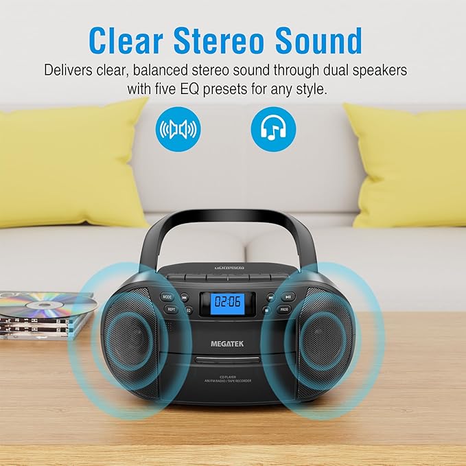 MEGATEK CBR510 Portable CD/Cassette Player Boombox with Bluetooth, AM/FM Radio, USB Playback, AUX Input, Headphone Jack, LCD Display, AC/Battery Powered Stereo System for Home