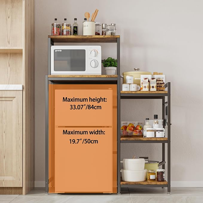 COCOLUCKY 6-Tier Mini Fridge Stand with Storage Shelf.Asymmetric 2-in-1 Design:Wide Side for Fridge+Microwave,Narrow Side for Spices & Utensils,Coffee Bar,Baker Rack for Dorm Kitchen,Vintage Brown