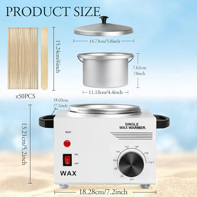 Single Wax Warmer Professional Electric wax Heater for Hair Removal- Wax Pot with 50pcs Sticks Heat up Quickly & Fahrenheit Dial, Paraffin Facial Skin Body SPA Salon Equipment