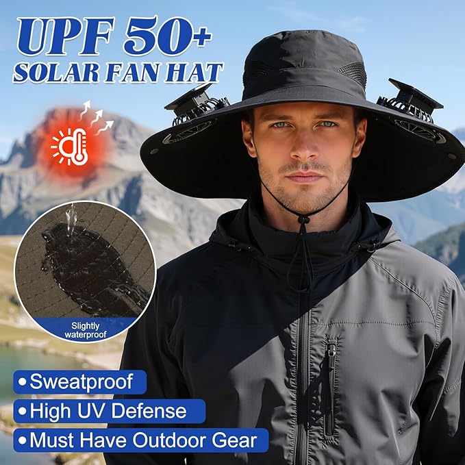 Hat with Fans Solar Power, UPF 50+ Wide Brim Sun Hat, Fishing Essentials for Hiking Beach Summer Safari