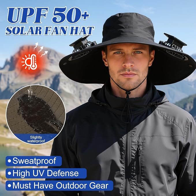 Hat with Fans Solar Power, UPF 50+ Wide Brim Sun Hat, Fishing Essentials for Hiking Beach Summer Safari