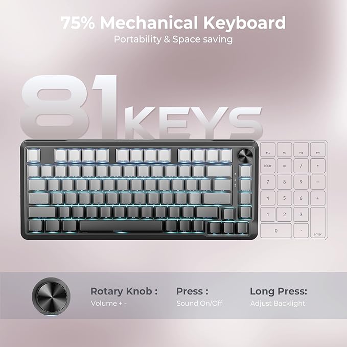 Redragon K681SP Wireless Mechanical Keyboard, Gasket Mounted RGB Gaming Keyboard with Volume Knob, Side Printed Keycaps, Pre-Lubed Linear Switches, 81 Keys 75％ Tri-Mode Hot Swappable for PC/Xbox/Ps4/5