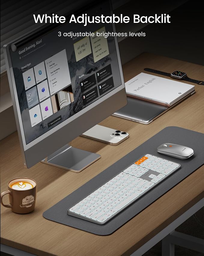 ProtoArc Backlit Bluetooth Keyboard and Mouse for Mac, KM100-A Full Size Wireless Keyboard Mouse for Mac, Multi-Device, Rechargeable, No USB, for MacBook Pro/Air, iPhone, iPad, White Silver
