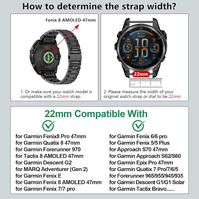 22mm Stainless Steel Metal Band Compatible with Garmin Fenix 8 Pro tactix 8 47mm/E/7/6/pro/5/Plus,Quick-fit Watch Strap for quatix 8 47mm 7/Pro/6/Forerunner 970/965/955/Descent G2 G1 Solar