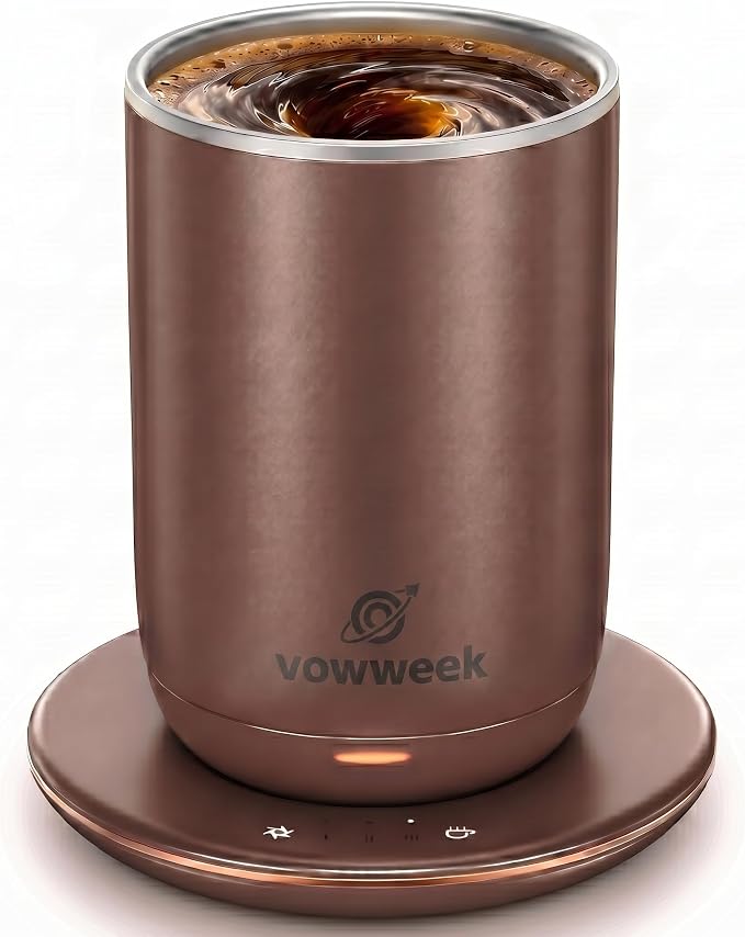 Self Stirring Heated Coffee Mug, 10 oz Auto Magnetic Mixing Cup, MochaBrown | 304 stainless steel interior. Includes 3 heat settings, 8H auto shut-off, plug-in base for home office desk
