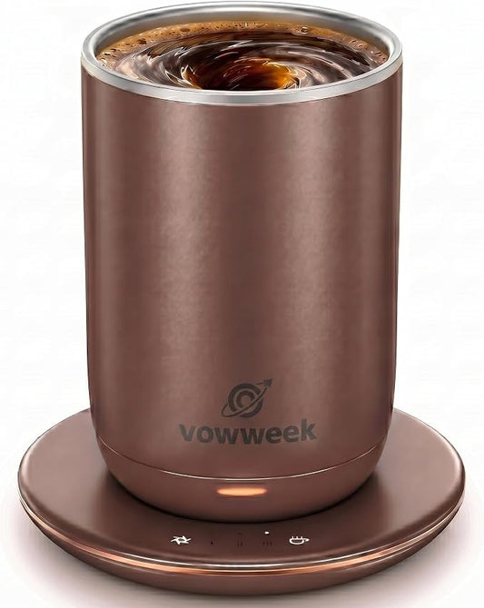Self Stirring Heated Coffee Mug, 10 oz Auto Magnetic Mixing Cup, MochaBrown | 304 stainless steel interior. Includes 3 heat settings, 8H auto shut-off, plug-in base for home office desk