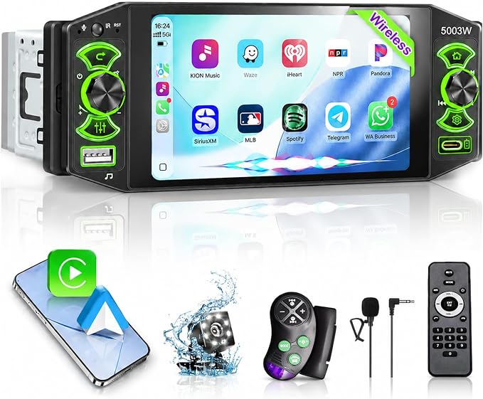 Car Stereo with Wireless Apple Carplay & Android Auto, 5" IPS Single Din Touchscreen Radio, Bluetooth 5.2, Physical Knob Control, Waterproof Backup Camera, FM AM, MirrorLink, USB/Type-C, Navigation